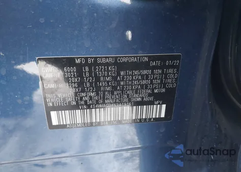 2022 Subaru Ascent Onyx Edition z USA, uszkodzony, nr VIN 4S4WMAGD4N3419161